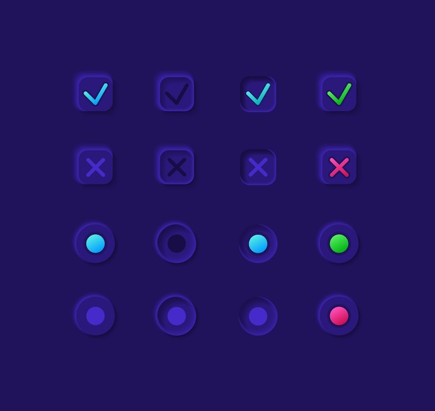 Option boxes UI elements kit. Confirmation and cancellation   icon, bar and dashboard template. Web  widget collection for mobile application with dark theme interface