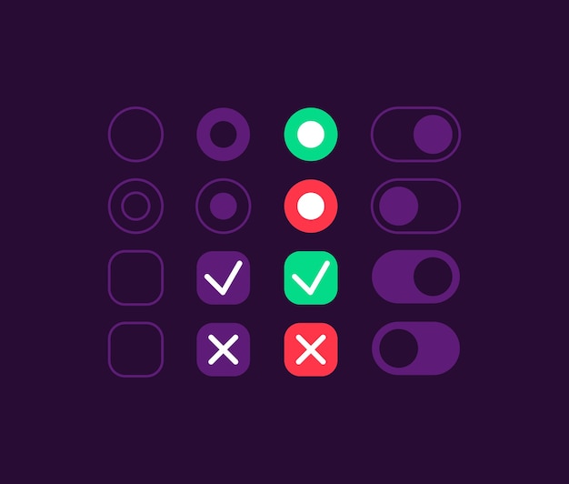 Vector option switches ui elements kit. press button. settings   icon, bar and dashboard template. web  widget collection for mobile application with dark theme interface