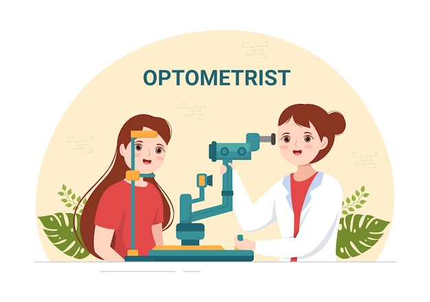 Optometrist with Ophthalmologist Checks Patient Sight and Spectacles in Hand Drawn Illustration