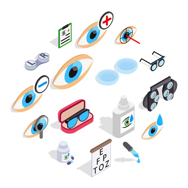 Optometry icons set, isometric 3d style