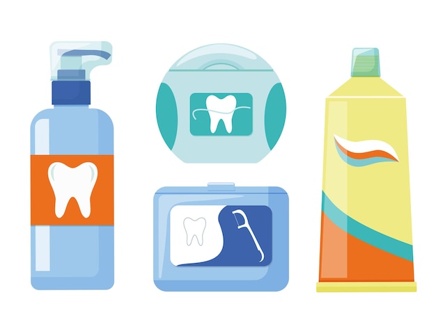 Oral hygiene products, toothpaste, dental floss and a toothpick. Vector