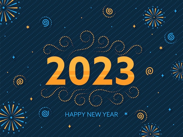 Orange 2023 Number With Fireworks Against Blue Dotted Line Pattern Background For Happy New Year Concept