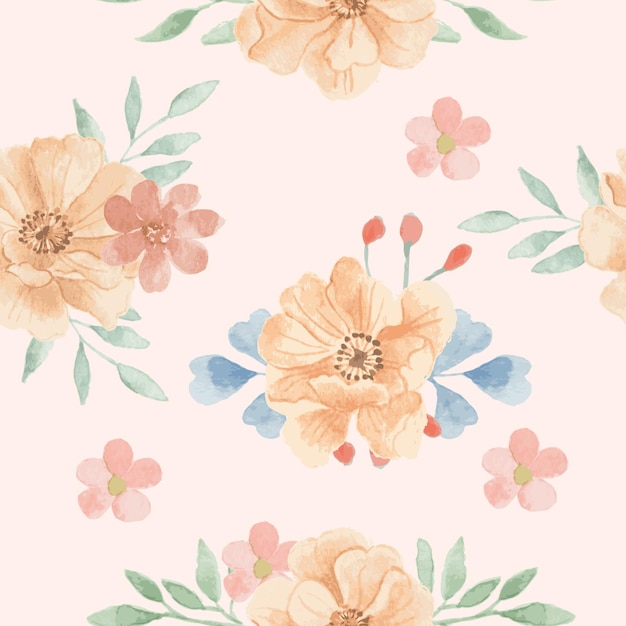 Orange Anemone Watercolor Flower Seamless Pattern