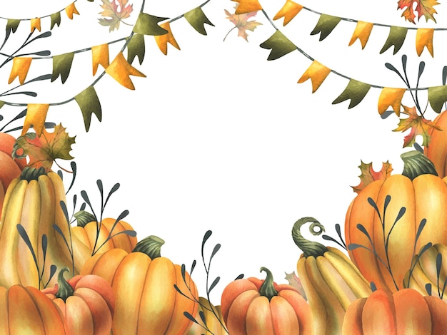 Orange autumn pumpkins with maple leaves flags garland and twigs watercolor illustration hand drawn