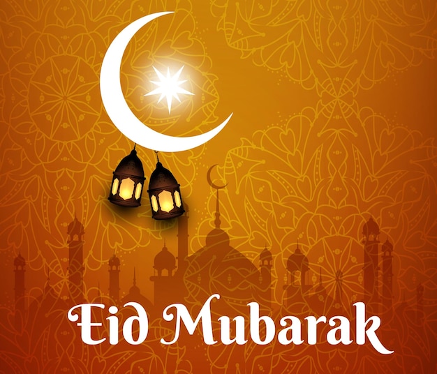 An orange background with a crescent and eid mubarak and a crescent moon.