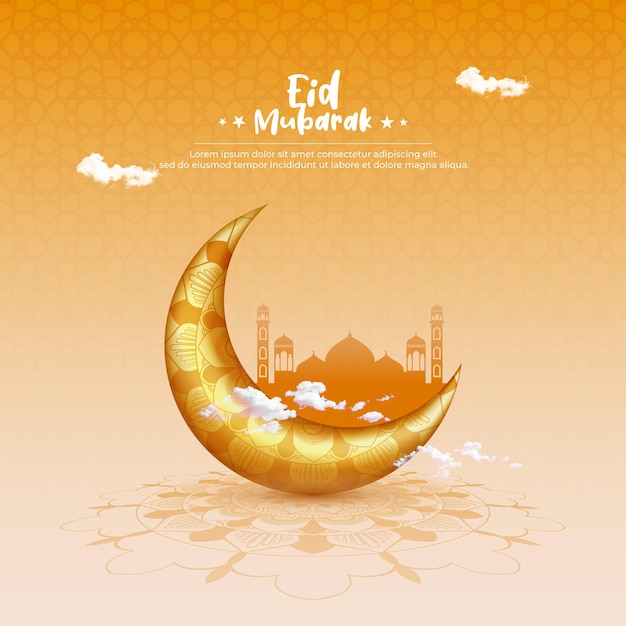 An orange background with a gold crescent moon and the words eid mubarak on it.