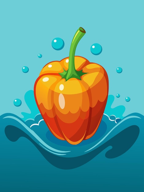 Orange Bell Pepper Floating in Blue Water with Bubbles