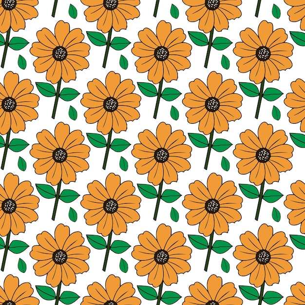 Orange Black eyed Susan Flower &amp; leaf Seamless Pattern Design