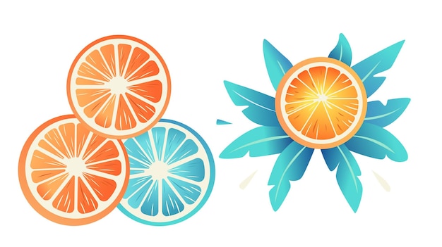 Vector orange and blue citrus slices with vibrant green leaves on white background fresh fruit concept