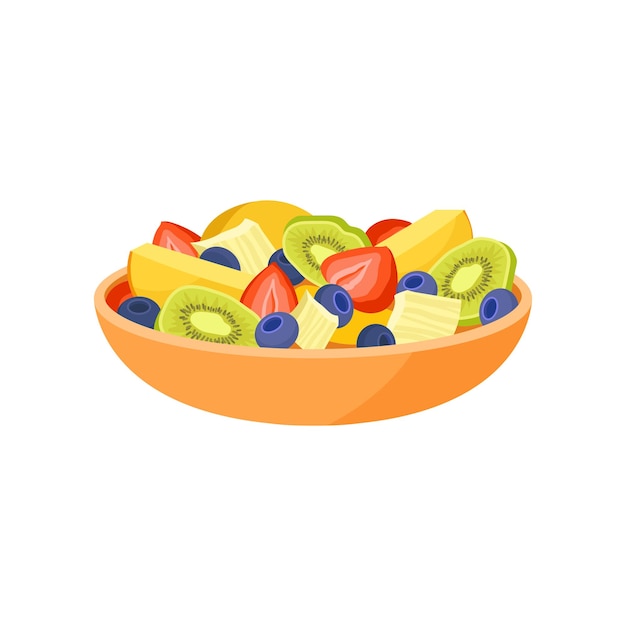 Orange bowl with fresh fruits and berries Organic and healthy food Vegetarian nutrition Flat vector icon