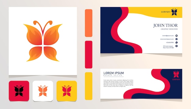 Orange butterfly gradient logo, banner, card business bundle set template