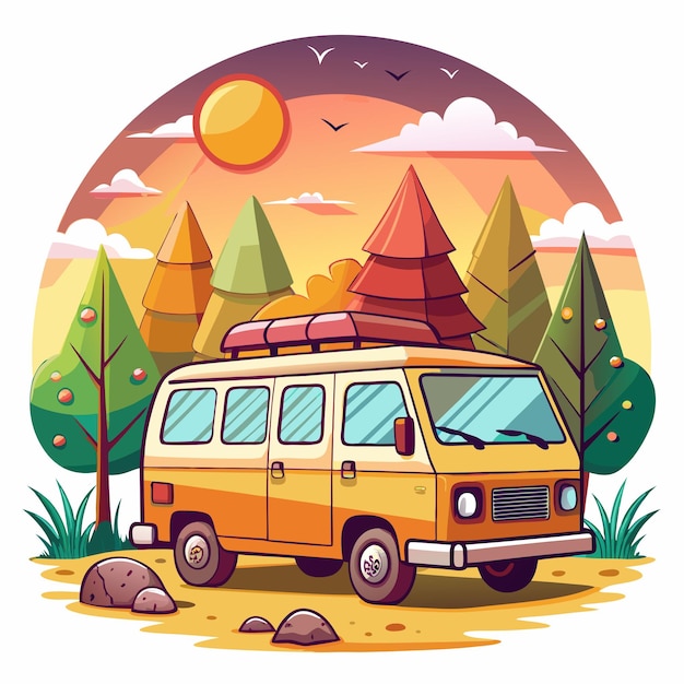 Vector orange camper van parked in a forest clearing at sunset