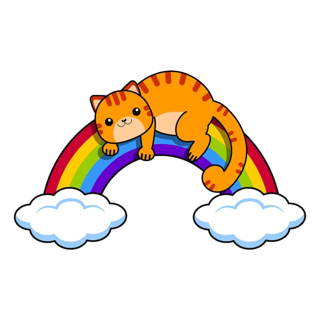 The orange cat lies on the rainbow Vector illustration