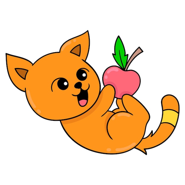 Orange cat playing with red apples, vector illustration art. doodle icon image kawaii.