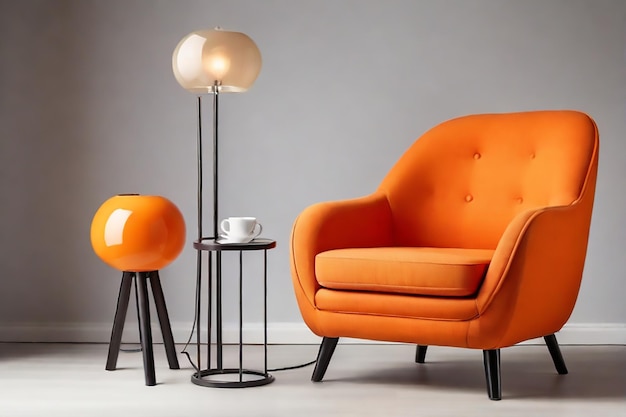 a orange chair and a table with a coffee cup on it