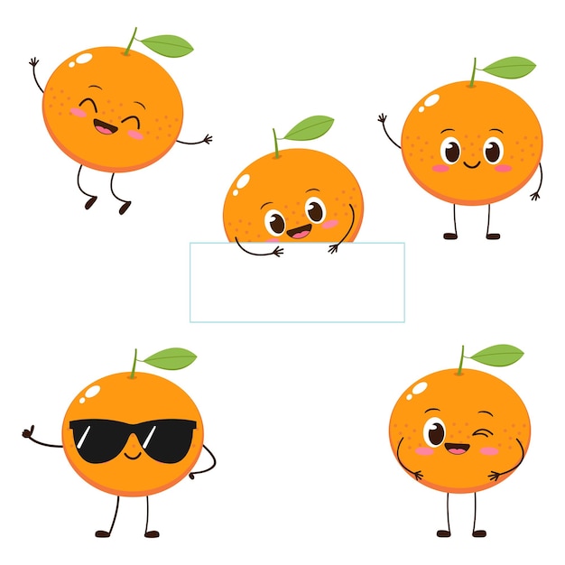 Orange character with funny face Happy cute cartoon tangerine emoji set Healthy vegetarian food character vector illustration