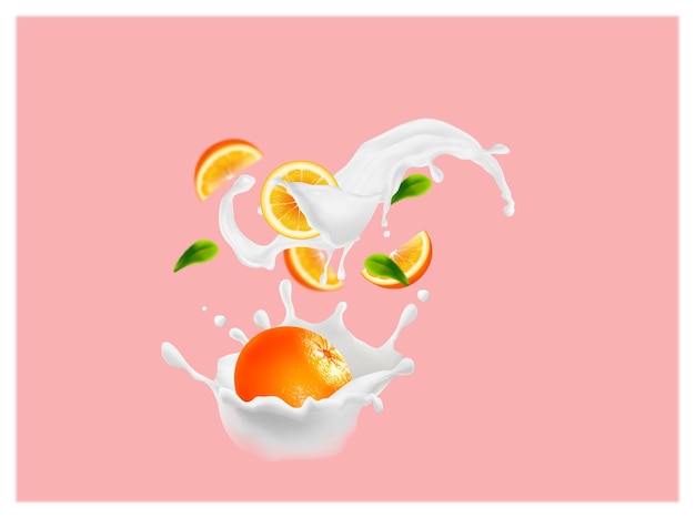 Orange Citrus In Milk Splash With Pink Background Illustration