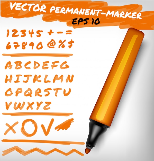 Orange color open permanent marker pen, handwritten digits set, numerals, figure and alphabet check sign, plus, line. felt-pen illustration