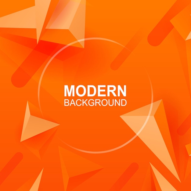 Orange design with a gradient, volumetric triangles with a 3D effect, a silhouette of a round frame.