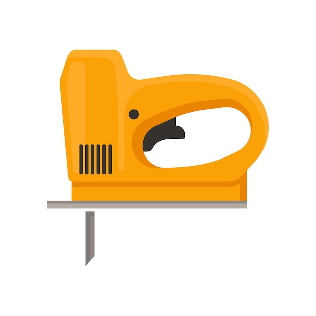 Orange electric jigsaw Hand tool with fine sharp blade for woodwork Flat vector for promo poster of hardware store