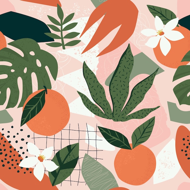 orange floral and abstract shapes seamless pattern