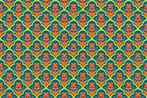 Orange Flower on Indigo Blue Green Geometric ethnic oriental pattern traditional Design for backgroundcarpetwallpaperclothingwrappingBatikfabric vector illustration embroidery style