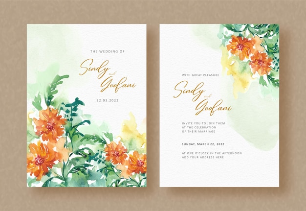 Orange flowers and green leaves watercolor painting on wedding invitation background