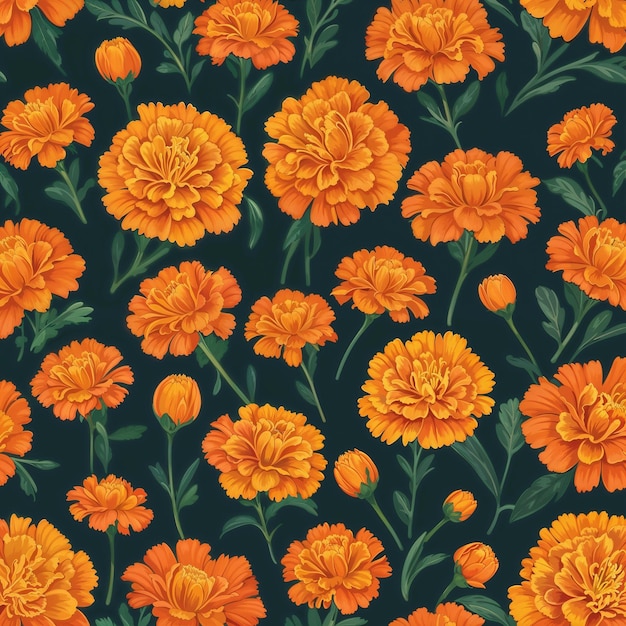 orange flowers with green leaves and yellow flowers on a blue background