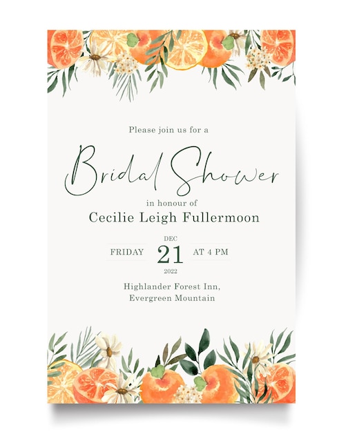 Orange fruit and daisy flower watercolor wedding bridal shower