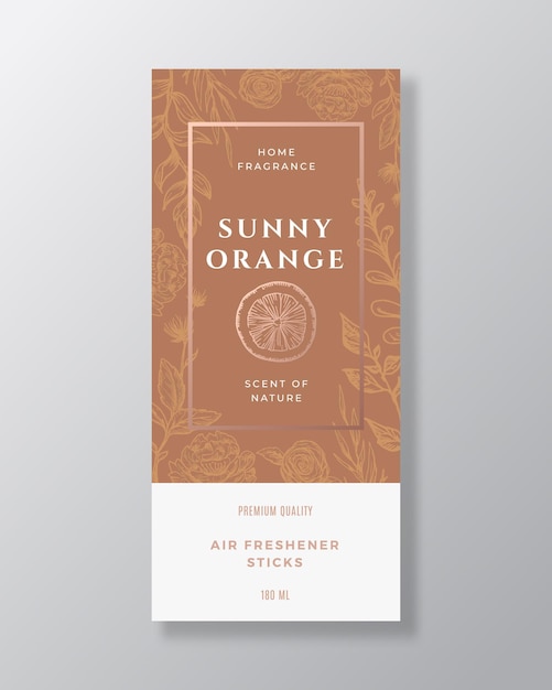 Orange Fruit Home Fragrance Abstract Vector Label Template Hand Drawn Sketch Flowers Leaves Background and Retro Typography Premium Room Perfume Packaging Design Layout Realistic Mockup