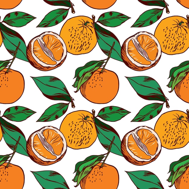 Orange fruit leaves orange slices cinnamon Vector seamless pattern Packaging paper labels and covers for food and cosmetic products textiles