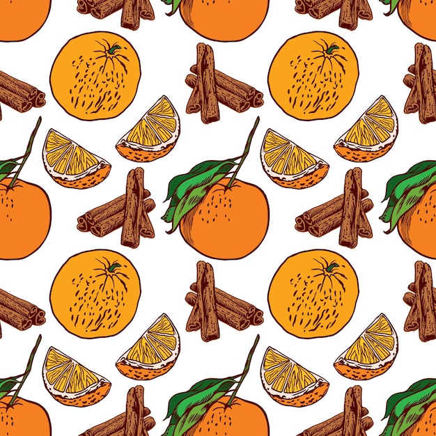 Orange fruit leaves orange slices cinnamon Vector seamless pattern Packaging paper labels and covers for food and cosmetic products textiles