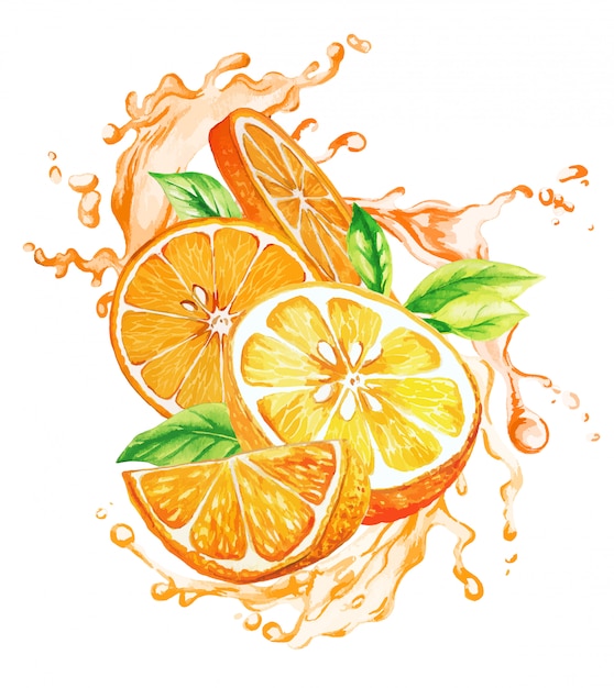 Orange fruit and leaves in the splash of orange juice