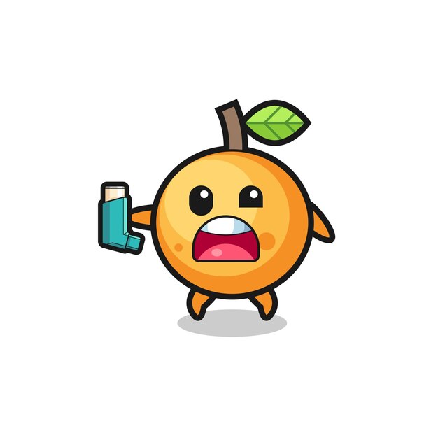 Orange fruit mascot having asthma while holding the inhaler , cute design