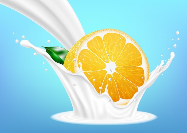 Orange fruit and milk splash. Fruit and yogurt. Realistic illustration. 3d vector icon