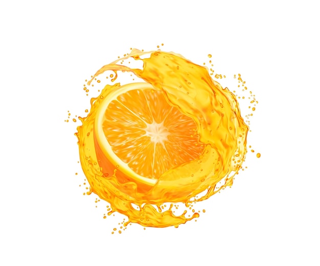 Orange fruit slice with juice splash splatters