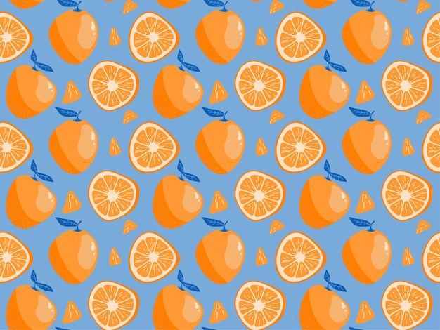 Orange fruit whole and half sliced seamless pattern Tropical ruit with leaves orange and blue