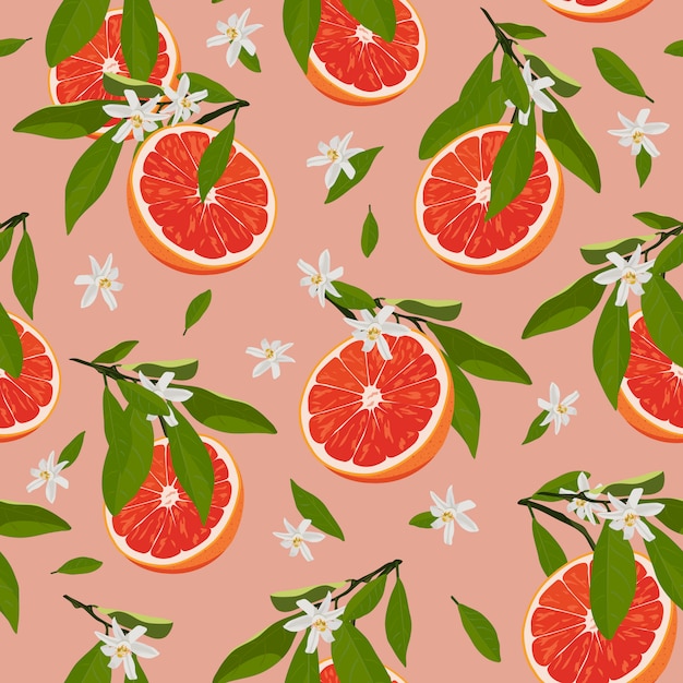 Orange fruits slice seamless pattern with flowers and leaves