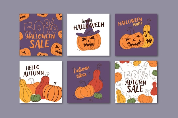 Orange halloween instagram stories Halloween social media posts Halloween sale and invitation Flat Illustration Witches hat spider and cat