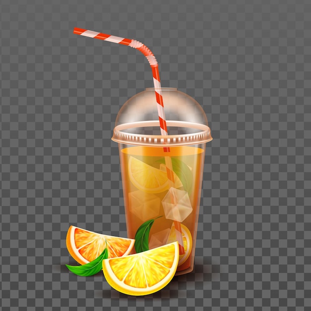 Orange Juice Cup With Ice Cubes And Straw Vector