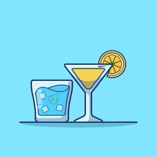 Orange Juice and Ice water cartoon isolated on blue