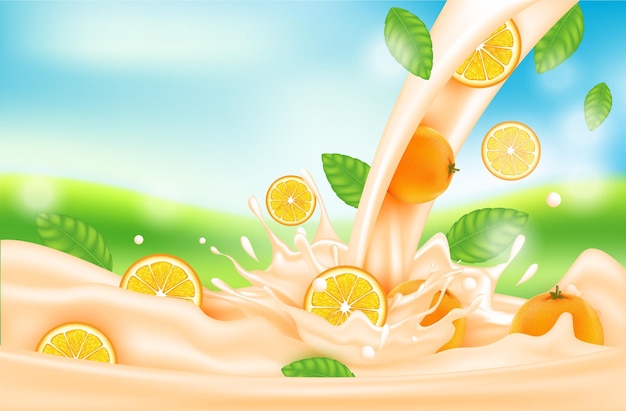 Orange milk with splashes realistic, Vitamin rich juices and yogurts for health.