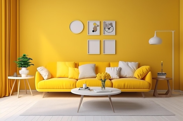 Orange minimalist living room interior with sofa on a wooden floor decor on a large wall white lan