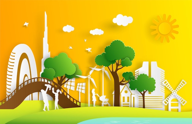 Orange nature cityscape background and eco friendly concept with people Paper art style