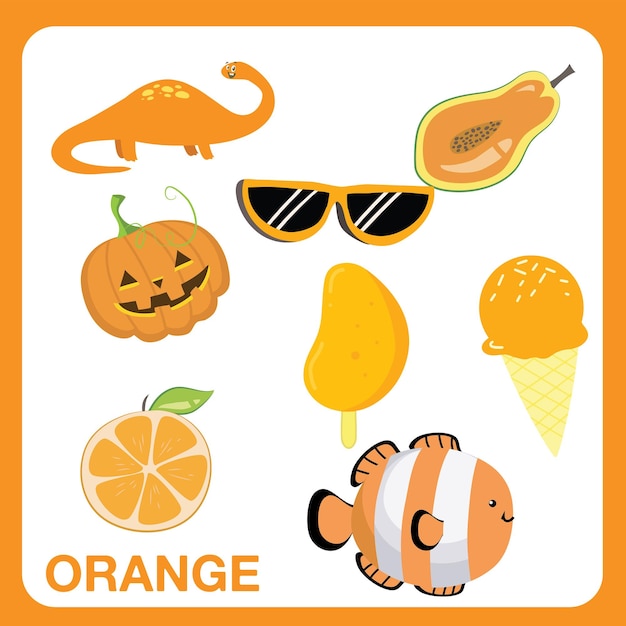 Orange objects worksheet for children. Education about color. Vector illustration file.