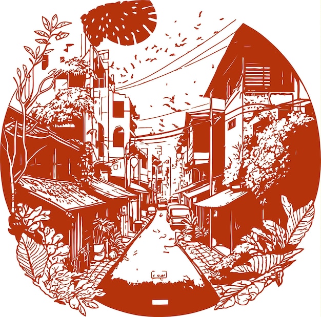 An orange paper drawing of a street scene with a small town in the background.