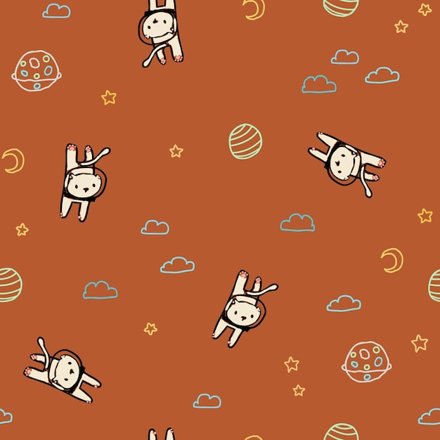 Orange pattern with doodle cat, planet, stars, clouds. Seamless background pet. Textiles for baby