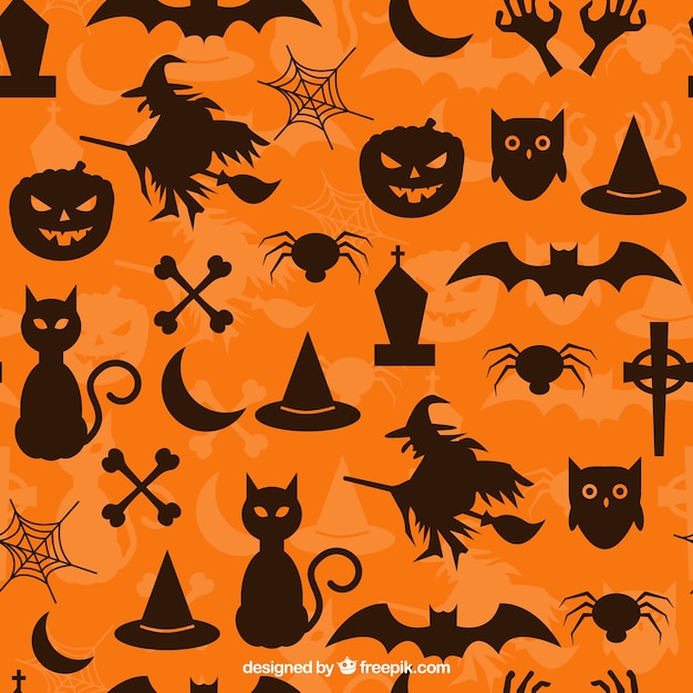 Orange pattern with halloween silhouettes