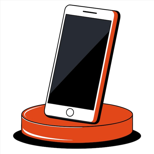 an orange phone that is on a stand