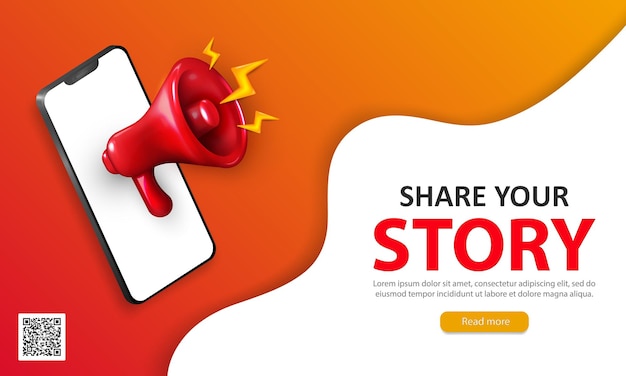 Orange promotion banner with red shouting megaphone inside smartphone and text - share your story